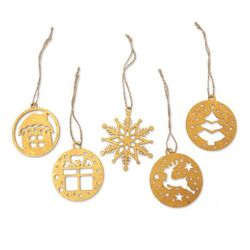 Merry Gift,'Set of 5 Handcrafted Gold-Toned Ornaments from Bali'
