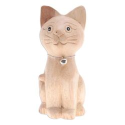 'Hand-Carved Raintree Wood Cat Figurine with Aluminum Bell'