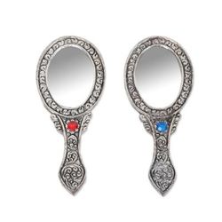 Double Elegance,'Pair of Antiqued Aluminum Hand Mirrors with Beads from India'