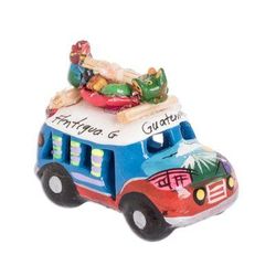 'Red and Blue Ceramic Bus Decoration from Guatemala'