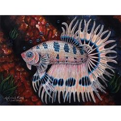 White and Black Betta,'Original Signed Betta Fish Painting from Bali'