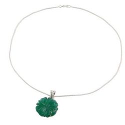 Green Petals,'Green Onyx and Silver Floral Pendant Necklace from India'