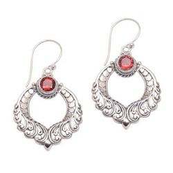 Garden Gate,'Curl Motif Garnet Dangle Earrings Crafted in Bali'