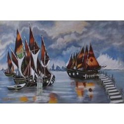 Blissful Voyage,'Ships in Water Oil on Canvas Painting from India'