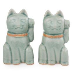 'Lucky Cats' (pair) - Celadon Ceramic Sculptures