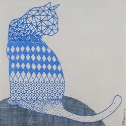 Turn Around,'Signed Op Art Painting of a Cat in Blue from Thailand'