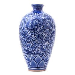 Blue Flora,'Artisan Made Blue Ceramic Vase'