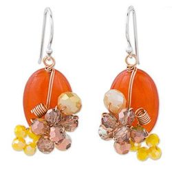 Garden Bliss in Deep Orange,'Orange Quartz and Glass Bead Dangle Earrings with Copper'
