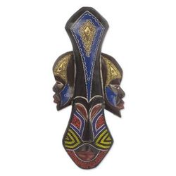 Glorious Work,'Beaded Wood Three Faced African Wall Mask Crafted by Hand'