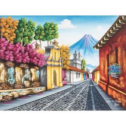 'Calle de los Pasos' Realist Signed Guatemala Village Panting