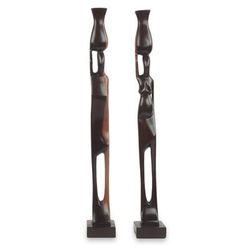 Couple with Pots,'Male and Female Ebony Wood Sculptures from Ghana (Pair)'