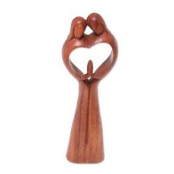Piece of Me,'Hand-Carved Couple Family Love Suar Wood Heart Sculpture'
