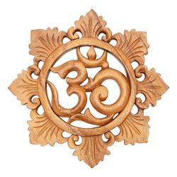 Petaled Om,'Handcrafted Suar Wood Floral Om Relief Panel from Bali'