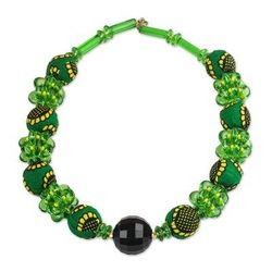 Green Goodness,'Recycled Plastic and Cotton Beaded Necklace in Green'