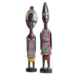 Twin Spirits,'Set of 2 Handcrafted Sese Wood Beaded Sculptures from Ghana'