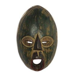 Rustic Obua,'Rustic African Wood Mask in Green from Ghana'