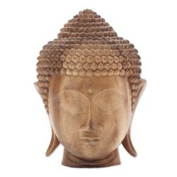 Buddha Nature,'Hand-Carved Wood Buddha Head Sculpture from Bali'