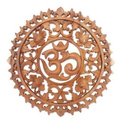 'Hand-Carved Floral Om Suar Wood Relief Panel from Bali'