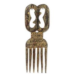 Adinkra Unity,'Sese Wood Decorative Comb with a Rustic Finish from Ghana'