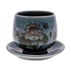 Luxuriant Lotus in Blue,'Handmade Celadon Ceramic Blue Cup and Saucer with Flowers'