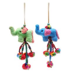 Holiday Pachyderms,'Colorful Elephant Christmas Ornaments (Pair)'