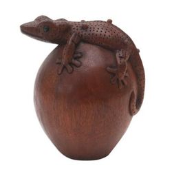 Watching Gecko,'Hand Carved Wood Sculpture of a Gecko from Indonesia'
