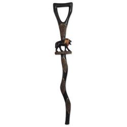 'Lion-Themed Wood and Aluminum Walking Stick from Ghana'