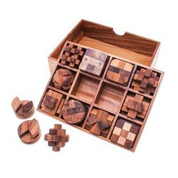 Array of Challenges,'12 Handcrafted Wood Puzzles with Box from Thailand'