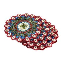 Floral Brilliance,'Set of Four Glass Beaded Coasters from India'