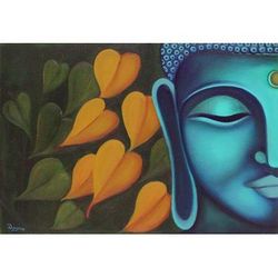 'Signed Painting of Buddha with Leaves from India'