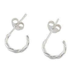 Intricately Minimal,'Thai Artisan Crafted Sterling Silver Half Hoop Earrings'