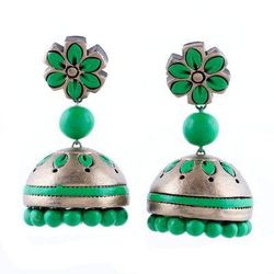 Green Garden,'Ceramic Dangle Earrings with Green Floral Motifs from India'