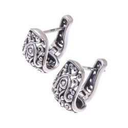 Vintage Garden,'Floral Sterling Silver Hoop Earrings from Thailand'