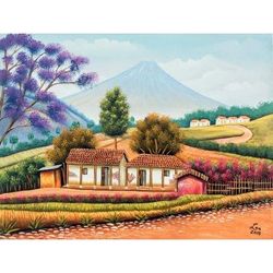 Paths of My Village,'Signed Painting of Village Cottages from Guatemala'