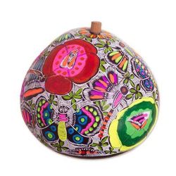 Garden of the Butterflies,'Floral and Butterfly Motif Gourd Decorative Jar from Peru'