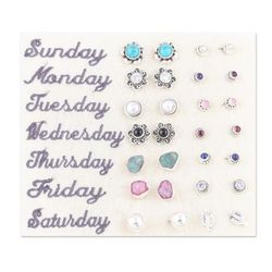Lifetime Jewels,'Set of 14 Polished Gemstone Stud Earrings Crafted in India'