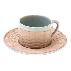 Wicker in Green,'Handcrafted Wicker Motif Celadon Ceramic Cup and Saucer'