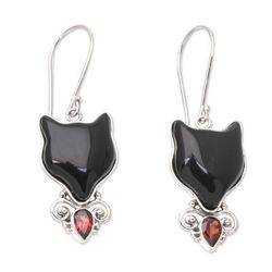Abstract Cats,'Horn Garnet & Sterling Silver Cat Dangle Earrings from Bali'