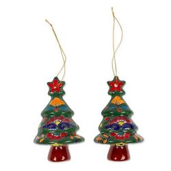 Talavera Celebration,'Floral Ceramic Christmas Tree Ornaments from Mexico (Pair)'