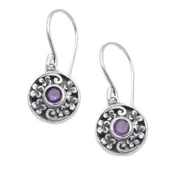 Wisdom Fragrances,'Floral Round Faceted Amethyst Dangle Earrings from Bali'