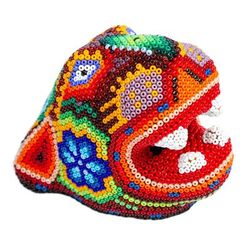 Red Jaguar,'Ceramic Glass-Beaded Huichol Jaguar Head From Guadalajara'