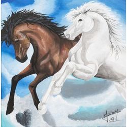 Horses in The Sky,'Acrylic on Canvas Painting of Horses in The Sky'