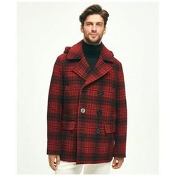Brooks Brothers Men's Wool Hooded Buffalo Check Pea Coat | Red | Size 2XL