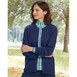 Appleseeds Women's Classic Cabled Wool Cardigan - Blue - PM - Petite