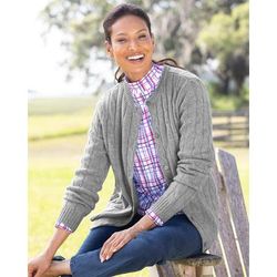 Appleseeds Women's Classic Cabled Wool Cardigan - Grey - PS - Petite