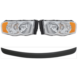 2003 Dodge Ram 1500 4-Piece Kit Driver and Passenger Side Headlights with Bumper Trims, with Bulbs, Halogen