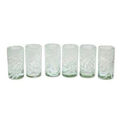 Whirling White,'Set of 6 Blown Recycled White Highball Glasses from Mexico'