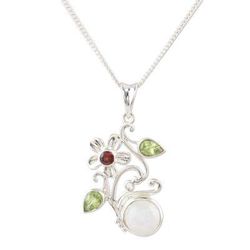 Garden Moon,'Peridot and Garnet Floral-Motif Pendant Necklace'