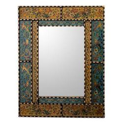 Golden Blue Elegance,'Reverse Painted Glass and Wood Framed Wall Mirror from Peru'