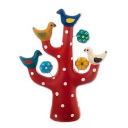 The Vibrant Tree Choir,'Red Ceramic Tree Sculpture with Bird and Floral Motifs'